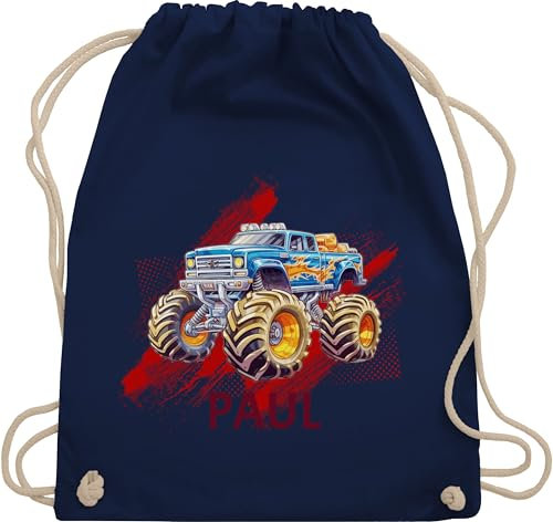 Turnbeutel Rucksack - Auto - Monstertruck mit Name | Monster Truck Personalisiert | Riesentruck - Unisize - Navy Blau - kinder kindergarten wechselbeutel cars personalisieren stoffbeutel