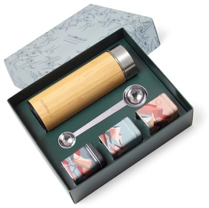 TEA SHOP - Pack Termo de bambú y acero inoxidable con filtro y cierre hermético + Cuchara medidora + 3 tipos de té - Set Tea Time Travel Yoga Balance - Perfecto para Regalo