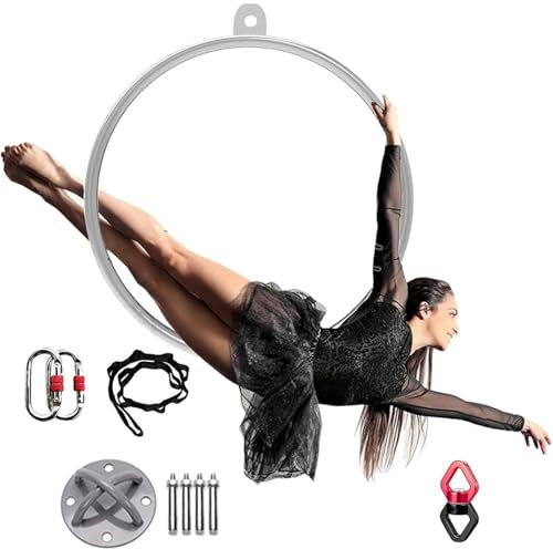 PRMTYUP Komplettes Aerial Hoop-Set, Aerial Hoop-Set, Air Hoop, Professioneller Zirkus Fitness Aerial Hoop-Set, FüR Fitness, Auftritte Aerial Dancing Yoga-Training,Silber,Diameter 90cm