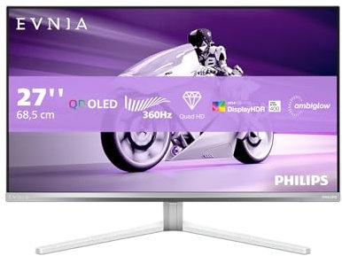 PHILIPS Evnia 27M2N8500AM - 27 Zoll Quad HD OLED Gaming Monitor, 360 Hz, 0.03 ms, HDR400, FreeSync Premium, G-Sync comp., Ambiglow (2560x1440, 2X HDMI 2.1, 1x DP 1.4, USB Hub) Weiss