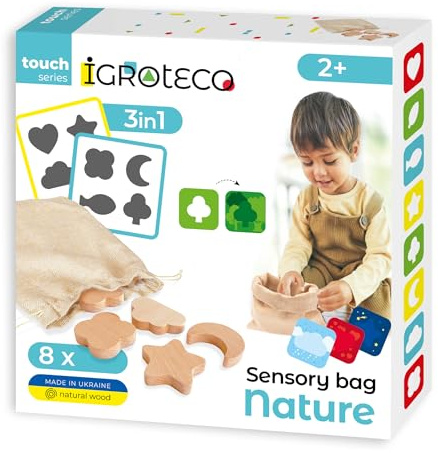 Igroteco® Sensorik-Beutel Natur aus Holz Lernspiel für Kinder | 6 Spielvarianten, Entwicklung von Feinmotorik, Farben & Formen, Inkl. 8 Doppelseitiger Karten & Leinenbeutel, Ab 2 Jahren