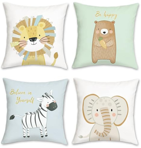 Bonhause 4er Set Kissenbezüge Tiere Karikatur 45 x 45 cm Löwe Bär Zebra Elefant Samt Soft Dekorative Kissenhülle Zierkissenbezüge für Sofa Schlafzimmer Zuhause Dekoration