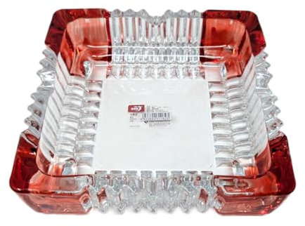 Square Crystal Glass Ashtray Bowl 15cm – Heavy Duty Cut Glass with Red Border – Multi-Purpose Decorative Bowl for Home, Office, Bar, Smoking Lounge