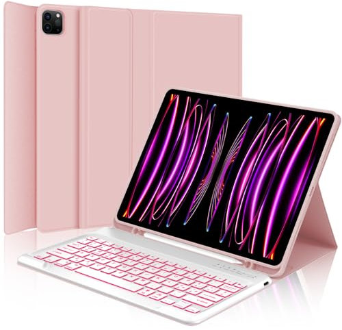 IVEOPPE Tastatur für iPad Pro 12,9, Hülle mit Tastatur für ipad Pro 6. Generation, Bluetooth QWERTZ Magnetische 7-Farbige Beleuchtung Keyboard für iPad 12.9 (6/5/4/3 Gen) 2018-2022, Rosa