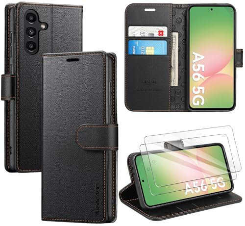 ivencase LederHülle für Samsung Galaxy A56 5G Hülle und 2 Stück Schutzfolie,Premium PU Schutzhülle Flip mit Tasche Brieftasche Magnetverschluss handyhülle für Samsung A56 5G Hülle - Schwarz
