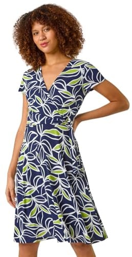 Roman Originals Wrap Dress for Women UK Ladies Swing Skater Fit & Flare A Line Tea Stretch Knee Length V-Neck Holiday Summer Smart Casual Work Party Evening - Leaf Lime - Size 20
