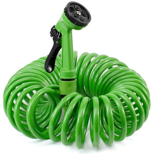 TECHZOCO Manguera en espiral de jardín, Manguera de agua extensible, Manguera de riego espiral, Fabricada en Polipropileno, 7 modalidades de riego, Inclye pistola, Verde, Extensible hasta 10 Metros