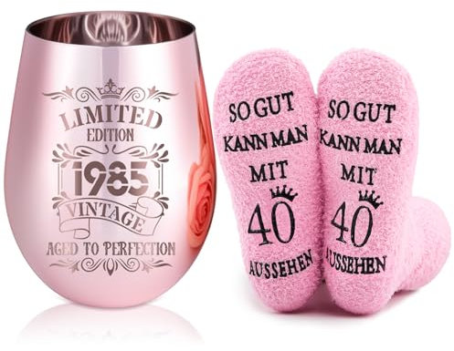 Geiserailie Lustige 40/60 Geschenke für Frauen zum Geburtstag inklusive Rosé Vergoldetes Weinglas mit Gravur und Geburtstagssocken Geschenk zum Hochzeitstag Rotweingläser und Strümpfe für Damen(40)