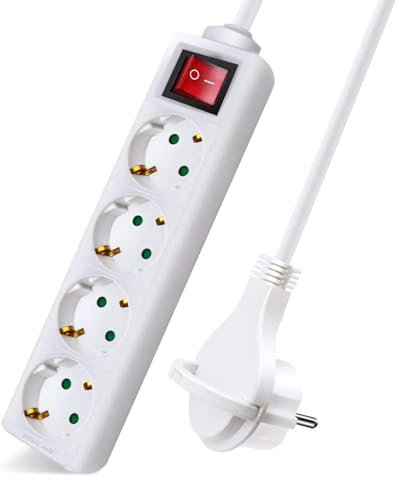 EXTRASTAR Regleta Alargador con 4 Enchufes e Interruptor, Cable 5M Clavija Plana, para el hogar, Oficina y Viajes, 16A, 250V, 3680W, Blanco
