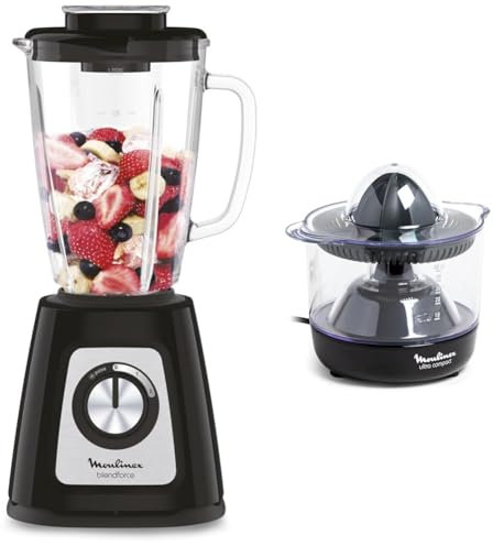 Moulinex Blender mixeur électrique Blendforce, Bol verre 1,75 L, Puissance 800 W, Noir LM430810 + Moulinex Presse-agrume électrique, Double rotation, Capacité 0.45 L, Ultra Compact, Noir PC120870
