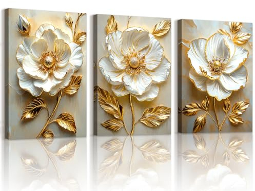WENGTIAO 3 Pcs Weiße Pfingstrose Blumen Leinwand Bilder Kunstdrucke mit Rahmen Aesthetic Goldene Blätter Weiß Blumen Bild auf Leinwand Wandbilder Wohnzimmer Schlafzimmer Deko 50x70cmx3