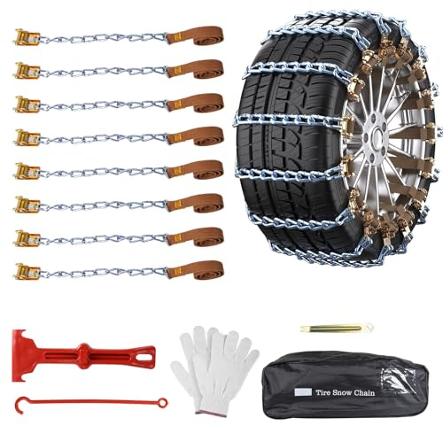 GOHHME Schneeketten 8 PCS Universal Auto Reifen Ketten für Alle Fahrzeugtypen Unübertroffener Grip Einfache Installation Robust und Langlebig Schneeketten Einfach 165mm-255mm