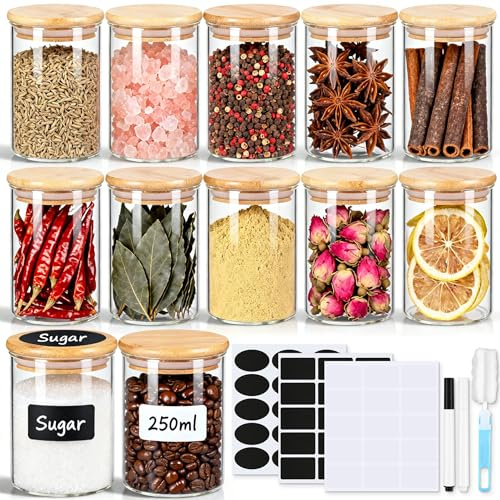 Zelova Glass Spice Jars with Bamboo Lids 12 Pack, 250ml Empty Spice Containers with Labels,Airtight Small Seasoning Jars for Salt, Pepper, Chili Powder, Sugar, Loose Tea Storage