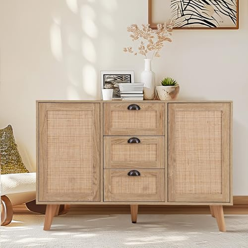 PHI VILLA Sideboard Storage Cabinet,Sideboards for Living Room with 2 Doors and 3 Drawers,Handmade Rattan Cabinet with Metal Handle & Anti-Tipping Device,Large