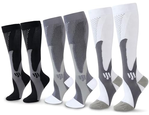 SRunDe 3 Paires Chaussettes de Compression Course 40-50 15-25mmHg Bas de Contention Voyage Avion Compression Socks pour Hommes et Femmes Soutien Quotidien Récupération Course à Pied Sport Travail