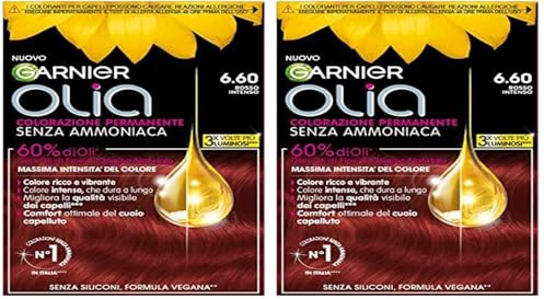 Garnier Olia Bold Tinta Capelli, Colorazione Permanente Senza Ammoniaca, Copre il 100% dei Capelli Bianchi, Con Oli di Fiore di Origine Naturale, Formula Vegana, Rosso Intenso (Confezione da 2)