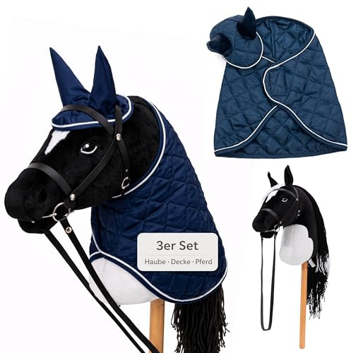 Hoofly® Hobby Horse Set – Großes Steckenpferd für Kinder mit Decke & Fliegenhaube | Komplettes Hobby Horsing Set mit Trense & 35 cm Schraubstab | Schwarzes Pferd – Blaues Zubehör