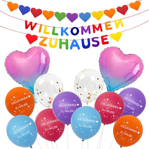 Willkommen Zuhause Girlande & Ballon Set, Bunt Welcome Home Deko | mit Herz Folienballon, Latexballons, willkommensbanner, Herzlich Welcome Back Deko, für Einzugsparty, Rückkehr, Familienfeier