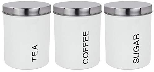 Harbour Housewares Round Metal Tea Coffee Sugar Canisters - White - 3pc Set - Retro Kitchen Storage Loose Tea Coffee Beans Granulated Sugar Airtight Container Food Preserve Caddy with Lid