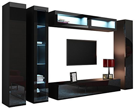 Wohnwand VIGO VI Anbauwand Modernes Wohnzimmer Set, Mediawand, Glasvitrine, Hängeschrank TV-Schrank (mit Blauer LED Beleuchtung, Schwarz/Schwarz Hochglanz)
