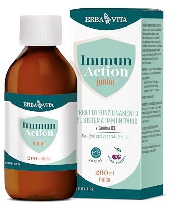 ERBA VITA Immun Action Fluido Junior integratore alimentare per i più piccoli a base di estratti di Astragalo, Sambuco ed Echinacea per supportare le naturali difese - 200 ml