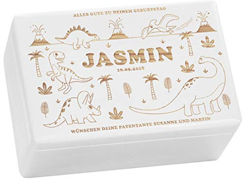 LAUBLUST Holzkiste mit Gravur - Personalisiert mit Name | Datum | Widmung - Weiß, Größe M - Dino Motiv - Spielzeugkiste als Geschenkidee, FSC®