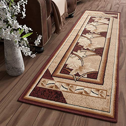 TAPISO Atlas Läufer Kurzflor Teppich Wohnzimmer Modern Beige Braun Designer Floral Blumen Blatt Abstrakt Muster Schlafzimmer ÖKOTEX 80 x 200 cm