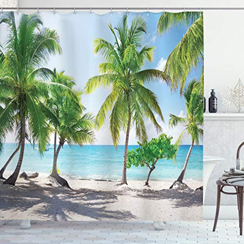 ABAKUHAUS Küsten Duschvorhang, Palmen-Insel Shore, Stoffliches Gewebe Badezimmerdekorationsset mit Haken, 175 x 220 cm, Grün Aqua Coconut