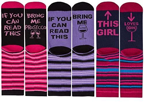 Metzuyan 3 Pairs Ladies Socks If You Can Read This Bring Me Gin Wine Prosecco Novelty Funny 4-8