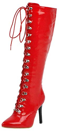 MISSUIT Damen Stiletto Stiefel Kniehoch Lack High Heels Stiefel mit Schnürung und Nieten Reißverschluss Langschaftstiefel Spitz