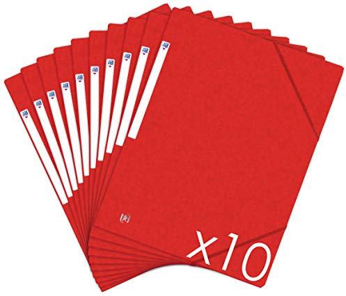 Oxford Topfile+ Mappen aus Karton, 3 Klappen, A4, Gummiverschluss, Rot, 10 Stück