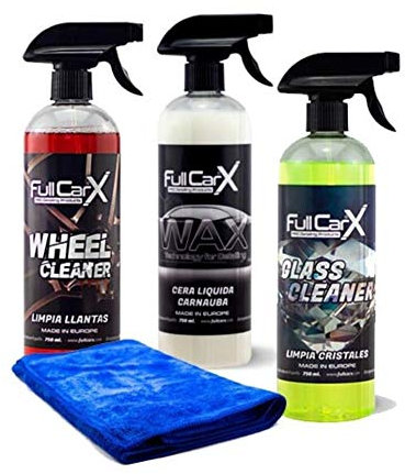 AutoFullCar - Kit Productos Limpieza para Coche FullCarX - Llantas Cristales Cera Líquida de Carnauba Toalla Secado