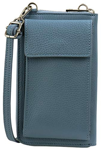 SH Leder Damen Handytasche Umhängetasche Geldbörse Multifunktion Beutel aus Echtleder Verstellbar Schultergurt Handy bis 6,8 Zoll 11,50x19cm Sarah G339 (H. Jeansblau)