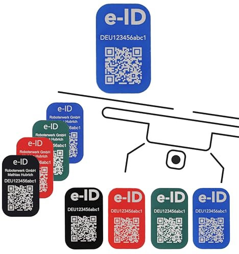 Roboterwerk Drohnen Kennzeichnungsschilder mit Lasergravur | Aluminium | 31x19mm | Blau | QR-Code | e-ID und Registrierungsnummer | Aufkleber
