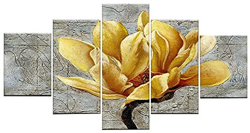 MPPSU Goldene Blumen Moderne Bilder Auf Leinwand Mehrteilige 5 Teiliges Wandbild Gemälde Set Schlafzimmer Wohnzimmer Küchenbilder Jugendzimmer Deko Mit Rahmen 150 * 80cm