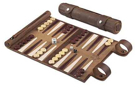 Melia Outlet - Backgammon zum Rollen - Reise-Backgammon aus feinstem Nubuk Echt-Leder mit handgefertigten Holzspielsteinen - B-Ware oder Restposten (Tobacco)