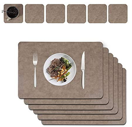 Abwischbar - 6er Set Untersetzer aus Leder Platzset Tischset abwaschbar doppelt verdickt 45 x 30 cm für Zuhause Küche, Restaurant und Hotel (Rindleder Muster + Hellbraun)