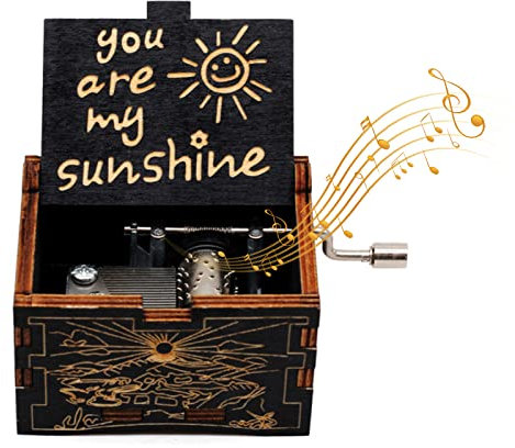 SacJkt Wooden Music Box - Hand Crank 'You Are My Sunshine' Theme. 18 Note Mechanism Antique Carved Musical Box, Personalised Gift For Kids, Friends(Black)