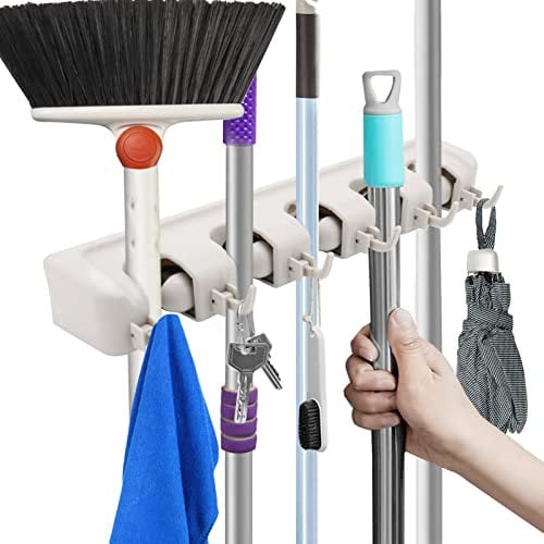 Trintion Broom Mop Holder with 5 Position 6 Hooks Wall Mounted Tools Organizer Storage Rack for Brush Mop Broom Tool Storage Multipurpose Plastic Brush Holder for Bathroom Kitchen Garden Garage