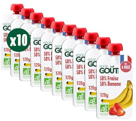 GOOD GOÛT - Gourdes Fraise Banane - Purée Bébé - Dès 4 Mois - 50% Banane, 50% Fraise - Sans Sucres Ajoutés - Fabriqué En France - 10x120g