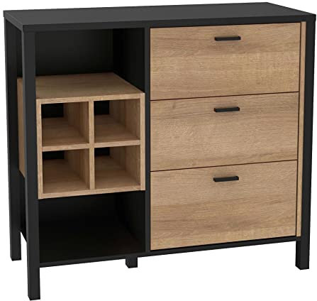 Forte HIGH ROCK Kommode mit 3 Schubladen, Holzwerkstoff, Schwarz/Riviera Eiche, B x H x T: 93,3 x 85,1 x 40,2 cm