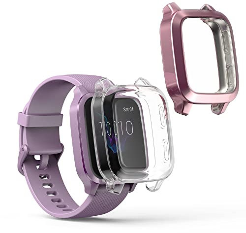kwmobile 2X Schutzhülle kompatibel mit Garmin Venu Sq Music/Sq Hülle - Fullbody Cover Set aus Silikon - Transparent Altrosa