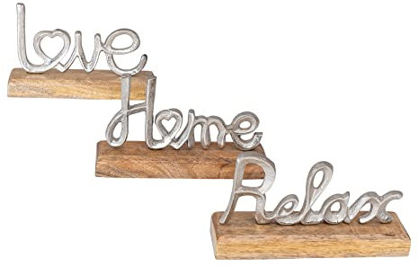 3er Set Schriftzug Love Home Relax Silber Mango Holz Metall Aufsteller Deko Buchstaben Tischdeko