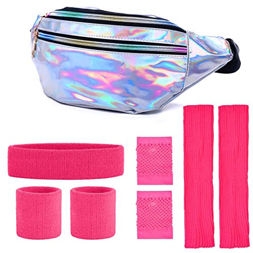 SPOKKI 80er Jahre Outfit Damen Set, 80er Aerobic Outfit, Laser Gürtel Tasche, Rosa Armband Stirnband Leggings Netzhandschuhe, Neon Kleidung Damen 80er Jahre Accessoires (8er-Pack, Silber+Rosa)