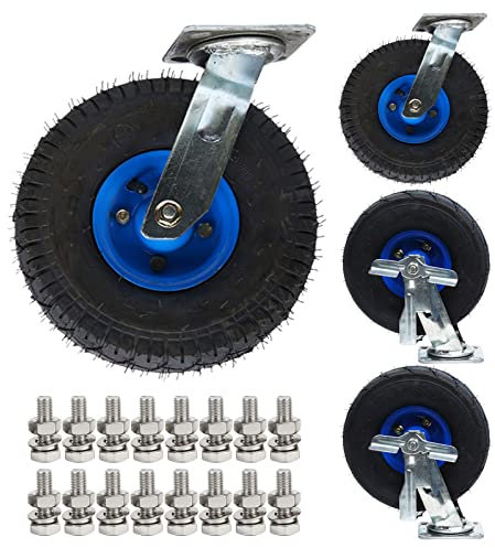 WORDFUN 4 Stück Schwerlastrollen 200mm 250mm (2 Gebremste Rollen + 2 Bockrollen/2 Lenkrollen) Luftreifen Gummi Rollen Mit Armaturen, Geräuschlose Transportrolle Für Möbel Paletten