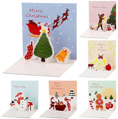 Jrisbo 6 Stück 3D Weihnachtskarten mit Umschlag Set, Weihnachtskarte mit unterschiedlichen Pop Up Motiven, Klappkarten Weihnachten Postkarten Karten 3D Grußkarte für Freunde Familie