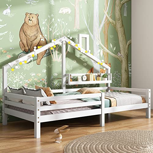 DuraB Kinderbett,Schönes Hausbett,Vollholz mit Zaun und Lattenrost, mit Rausfallschutz für Kinder- und Jugendzimmer (Weiß#, 90 X 200 cm)