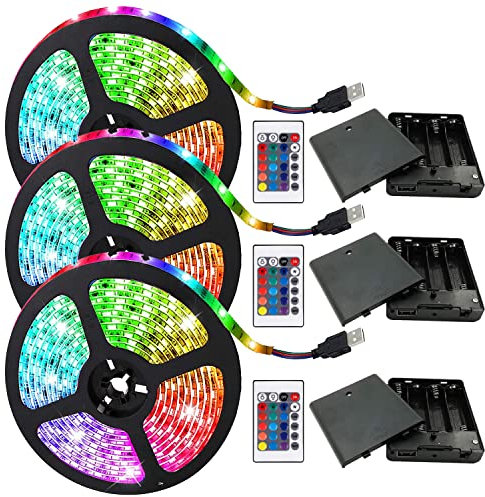 Three Sets Battery Powered Led Strip Lights, 5050 2M/6.6FT, Flexible Color Changing RGB LED Light Strip, 60 LEDs 5V Battery-Powered with Controller. (3)