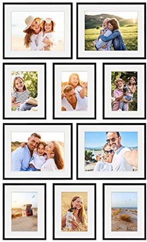 PHOTOLINI schwarze Bilderrahmen Set verschiedene Größen, 10 MDF Holz Bilderrahmen mit Passepartout, Bilder Rahmen mit Acrylglas, Bilderrahmenset zum Aufhängen, Fotowand Fotorahmen Set & Zubehör