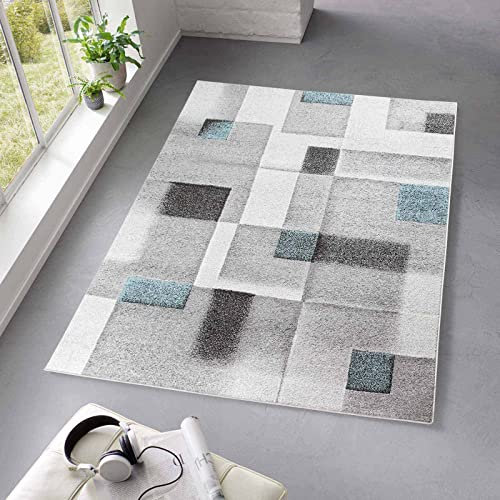 Taracarpet Kurzflor Teppich fürs Wohnzimmer Schlafzimmer und das Kinderzimmer Moderner Designerteppich TC-Fashion 6114 Karos in blau 140x200 cm